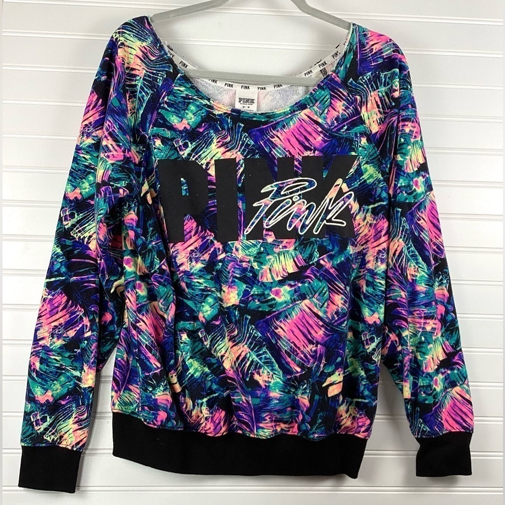Victoria's Secret PINK Women's M Neon Jungle Print Retro Off Shoulder Top Shirt
